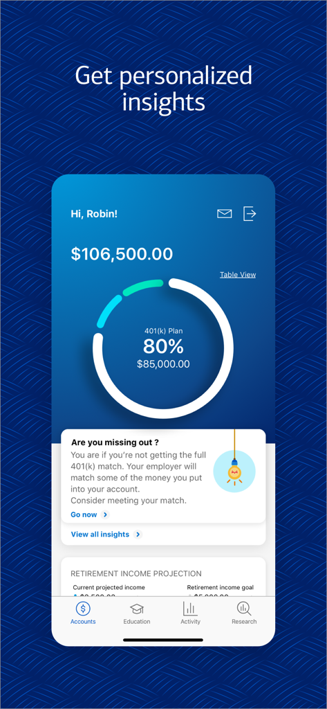 Merrill Lynch Benefits OnLine 앱의 스크린샷은 401k 잔액 및 개인화된 퇴직 통찰력을 보여줍니다.