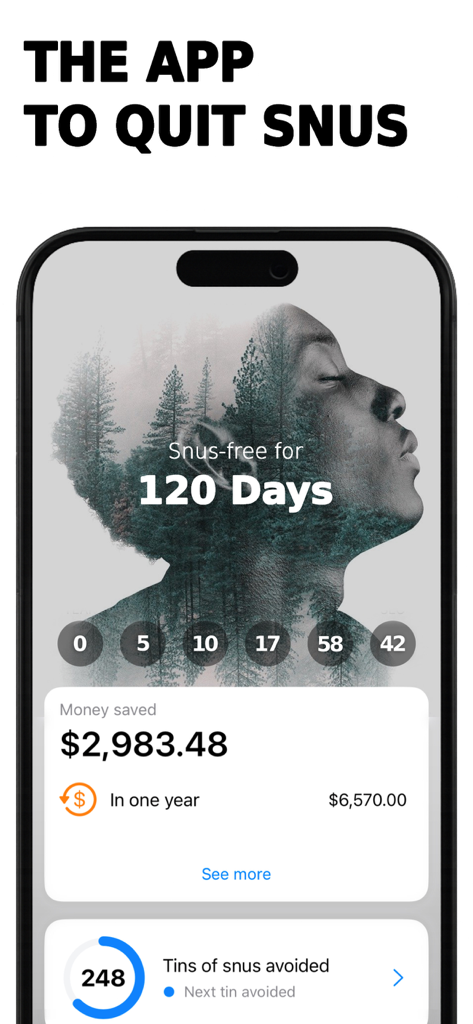 Quit Snus - Quit Snus app screen displaying 120 days nicotine-free and total money saved.