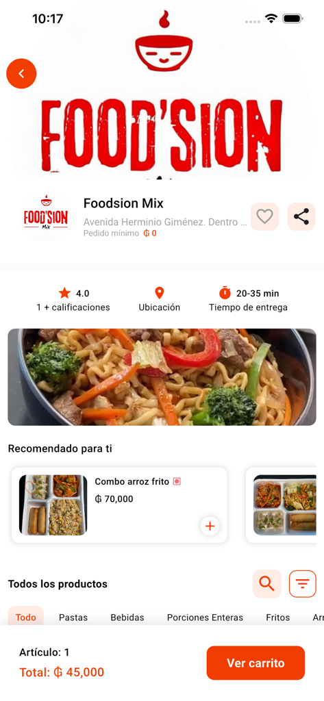 Aguara Deliveryモバイルアプリの画面。揚げそば定食とショッピングカートボタンが表示されたレストランメニューを表示します。