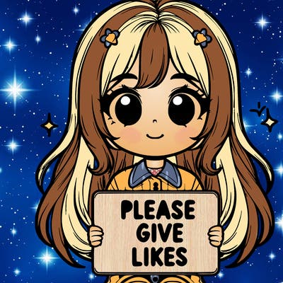 realistic cute girl holding a sign that says “please give likes”