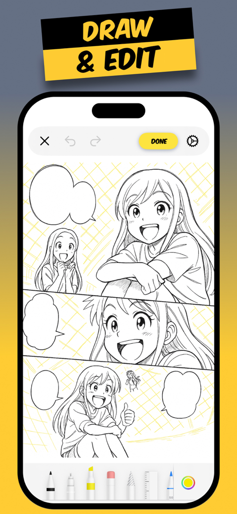 Comics AI - Interfaz de una aplicación móvil para dibujar y editar cómics de manga con lápices digitales y globos de diálogo.