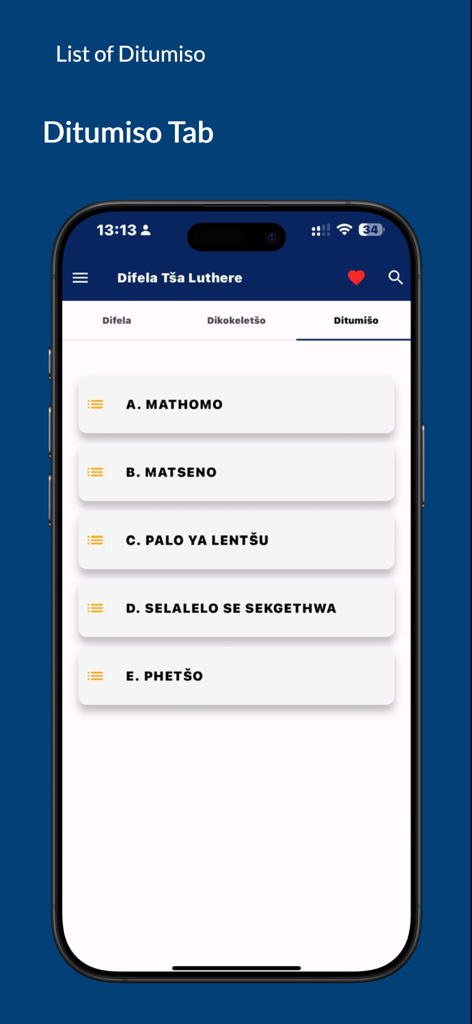 Difela Tša Luthere SA - Ditumiso tab list of categories in the Difela Tsa Luthere Lutheran hymn app