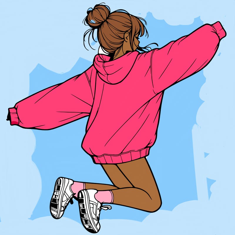 realistic girl jumping with a bun and oversized sweatshirt