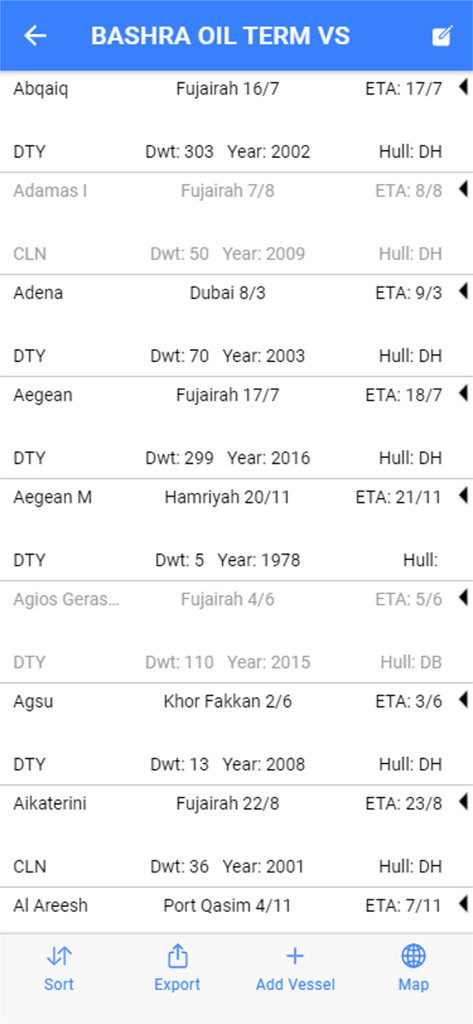 Mobile app interface showing a list of vessels with their positions and estimated arrival times.