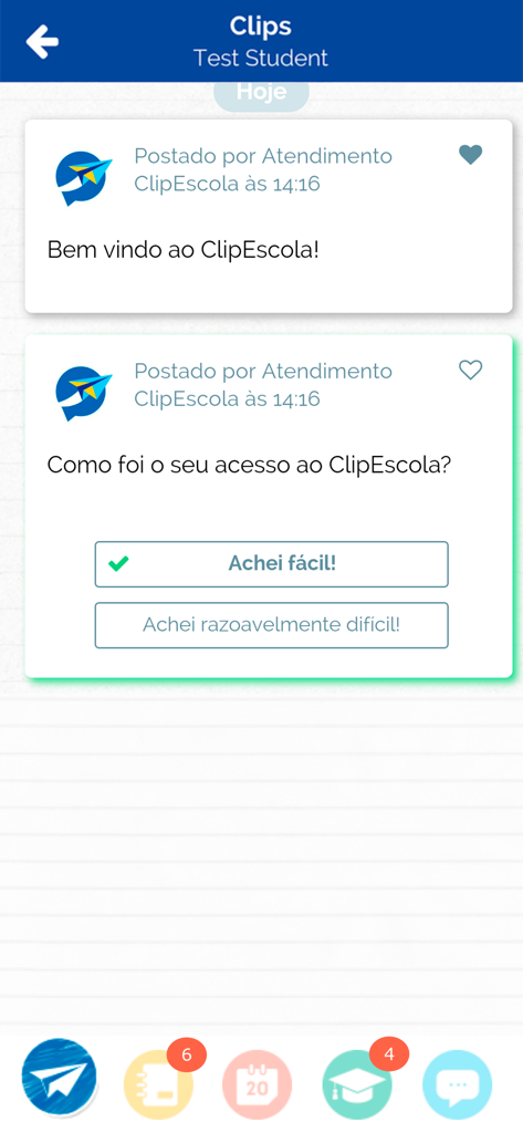 ClipEscola app student portal with welcome messages and feedback poll