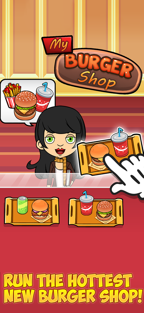 A cartoon customer ordering food from a burger shop while a player serves trays of hamburgers and drinks.