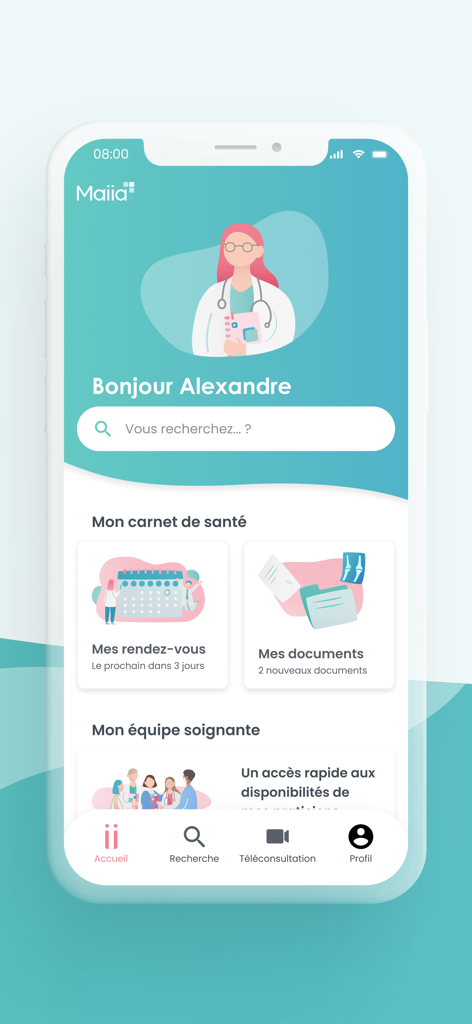 Maiia - Téléconsultation & RDV - Home screen of the Maiia mobile app showing user profile healthcare documents and appointment management options in French