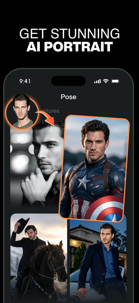 A mobile app interface showcasing various AI generated portrait styles including superhero and professional looks from a single source photo.