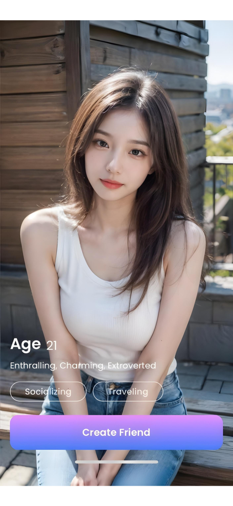 Pantalla de perfil para una compañera virtual de IA en la aplicación AiGirl con un personaje de IA y un botón Crear amigo