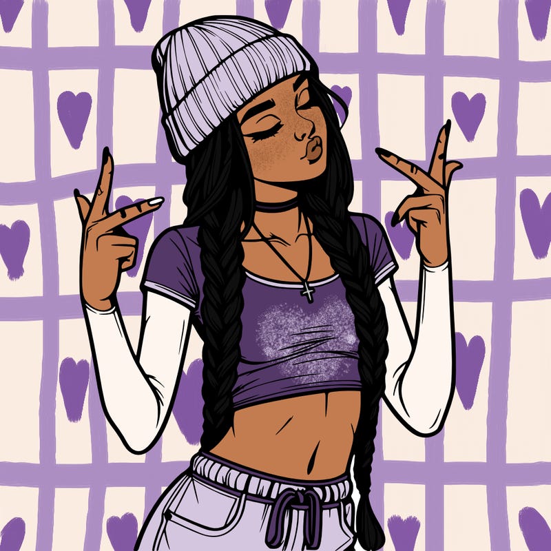 realistic teenage girl with braids and a beanie and crop top doing 🫶🏼