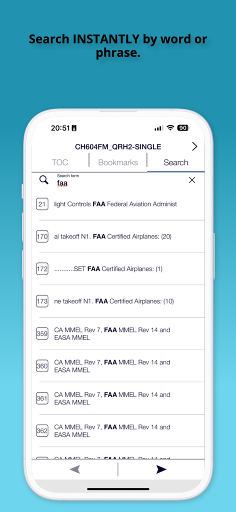 Captura de pantalla de la aplicación Bombardier Flight Deck 3 que muestra la función de búsqueda instantánea de documentos con resultados para las regulaciones de la FAA