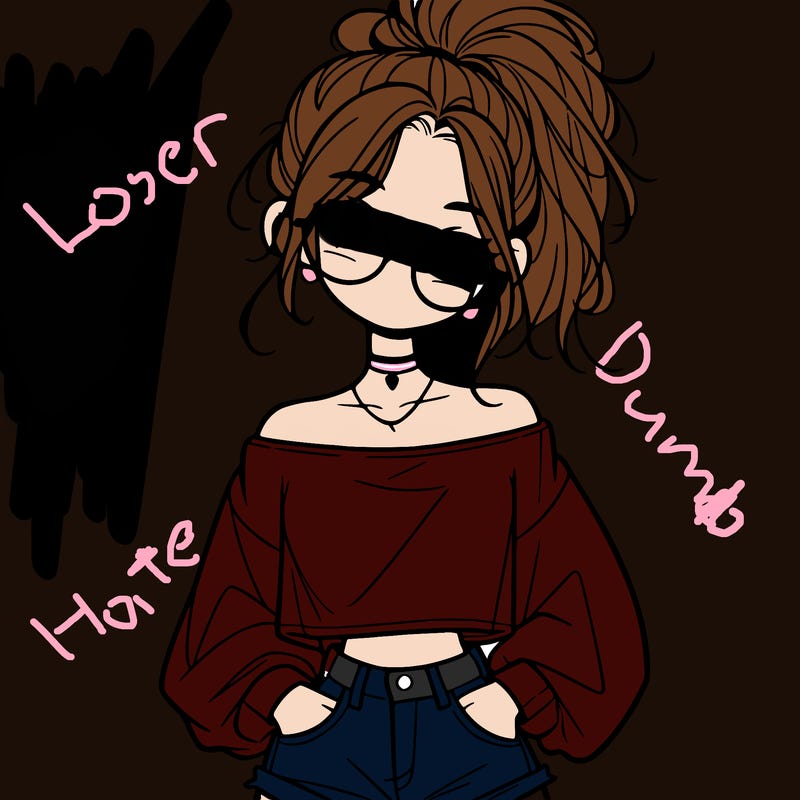 girl with a messy ponytail glasses a baggy crop top and jean shorts