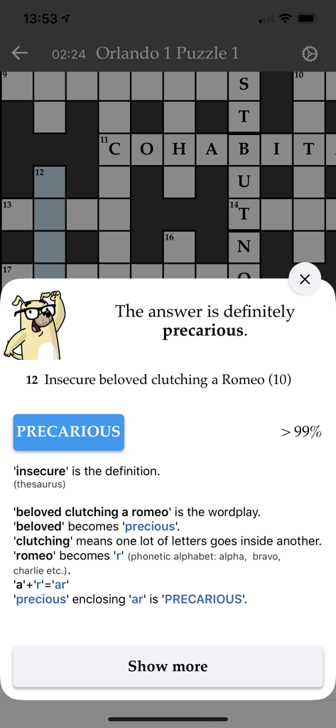 Crossword Genius - Crossword Genius app interface showing an AI explanation for a cryptic crossword clue