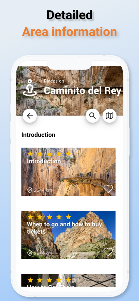 Caminito del Rey - Uma tela de aplicativo móvel exibindo informações detalhadas da área para o Caminito del Rey, incluindo uma introdução e um guia de compra de ingressos com fotos cênicas da trilha.