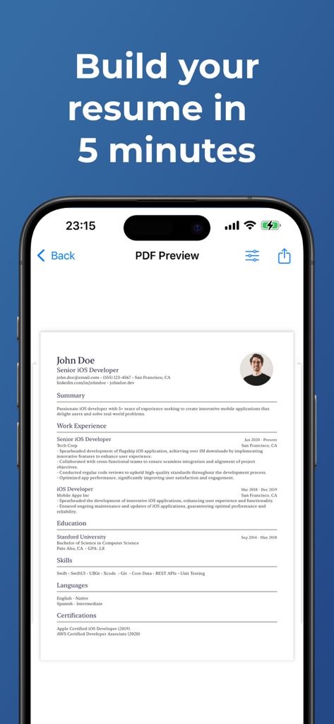 Resume Creator & Cover Letter - Ein Smartphone zeigt eine Vorschau eines professionellen Lebenslauf-PDFs mit dem Text Erstellen Sie Ihren Lebenslauf in 5 Minuten