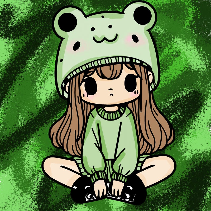 a girl wearing a frog hat and some frog socks