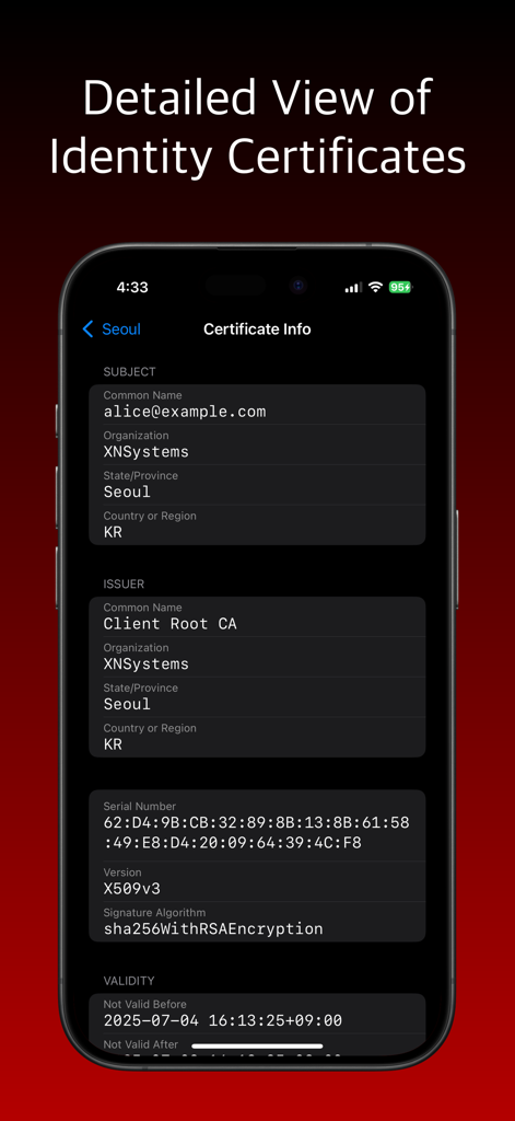 IKEv2 VPN 앱 화면에 제목 및 발급자 세부 정보 포함한 상세 ID 인증서 정보 표시