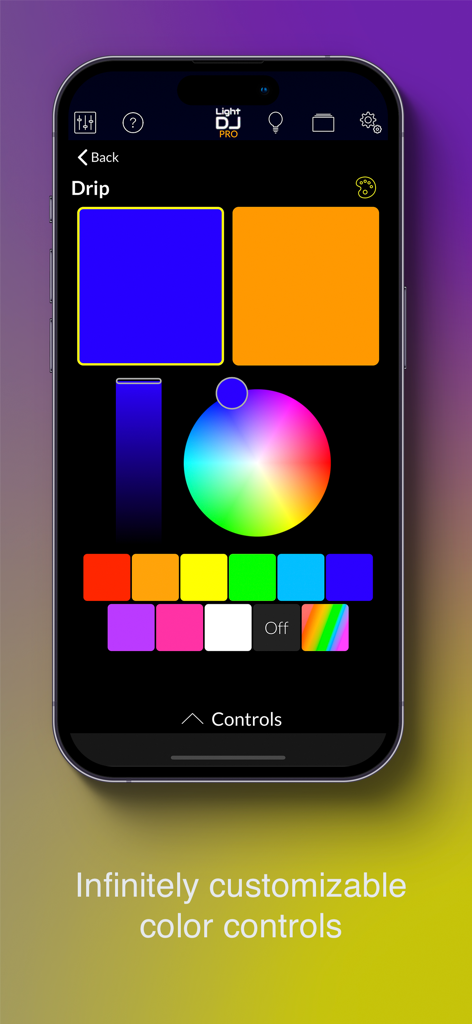 Light DJ Pro for Smart Lights - Light DJ Pro app interface for custom smart light color controls with a color wheel and palette