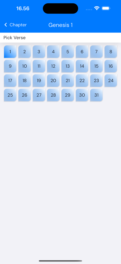 BibleNow!: Alkitab Offline - BibleNow app verse selection screen with a grid of numbered buttons for Genesis chapter 1