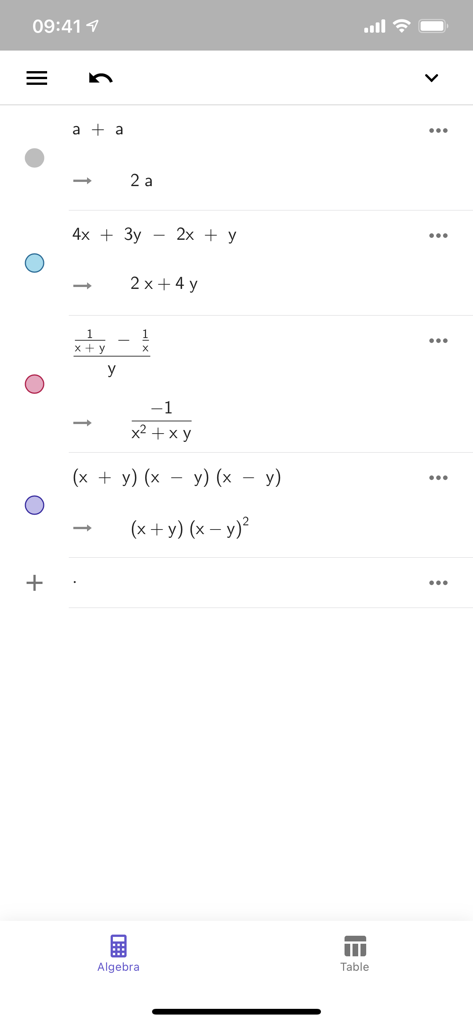 Algebra view in GeoGebra Calculator Suite showing several simplified mathematical expressions and equations