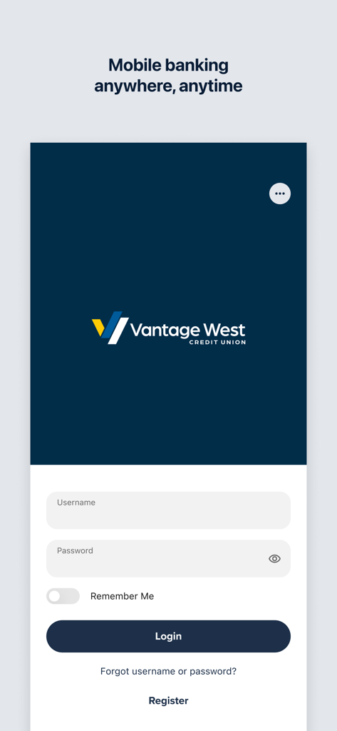 Login screen of the Vantage West Credit Union mobile banking app