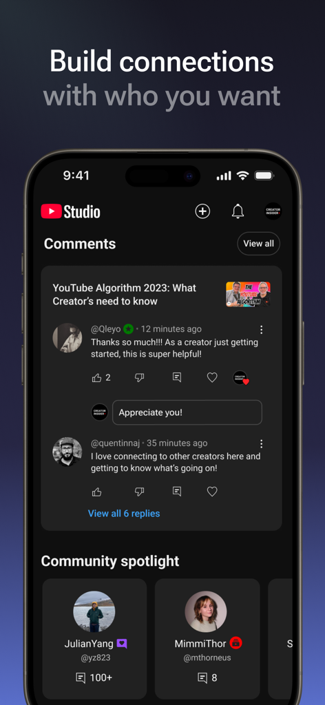 YouTube Studio mobile app screen showing comment interaction and community spotlight features