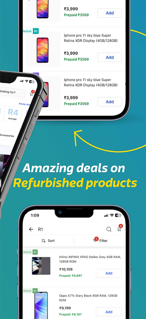 Listagens de smartphones e tablets no aplicativo Flipkart Reset for Business exibindo ofertas em eletrônicos recondicionados com graus de qualidade e preços de atacado.