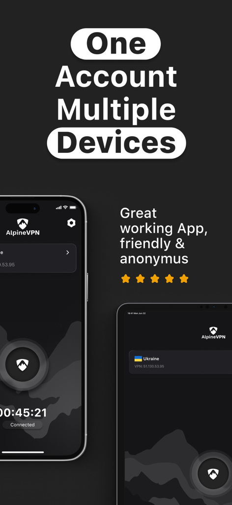 Interfaccia dell'app AlpineVPN visualizzata su un iPhone e un iPad con l'intestazione Un Account Più Dispositivi e una recensione utente a cinque stelle.