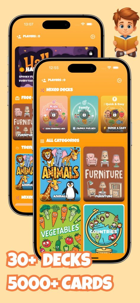 Charades : Guess & Party Game - Captura de pantalla de la pantalla de selección del juego de fiesta y adivinanzas de Charadas que muestra diferentes mazos de cartas como Animales y Verduras