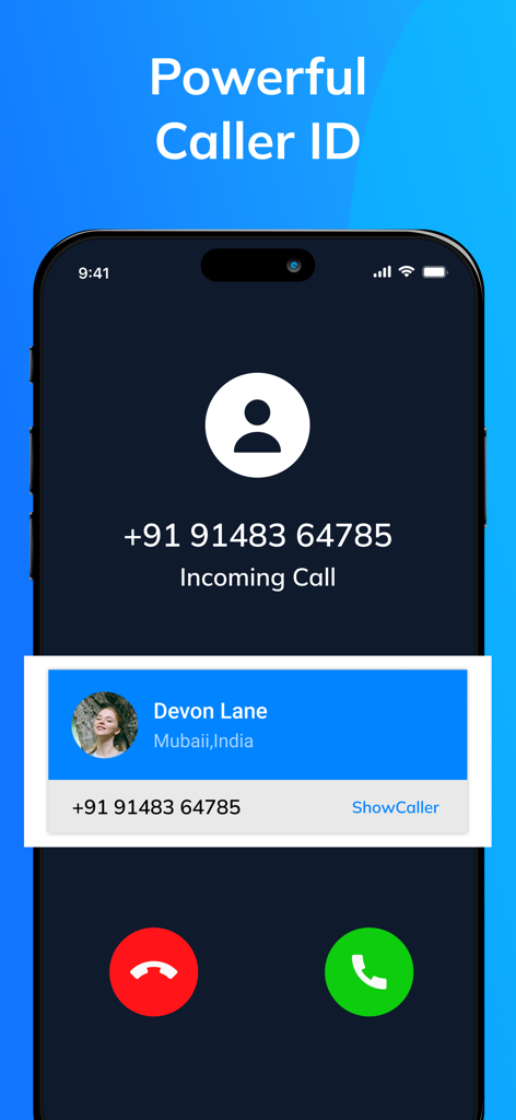 Smartphone screen showing the Caller ID app identifying an incoming call with a name and location