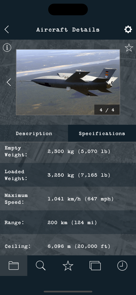 Screen displaying technical specifications like speed and range for a military aircraft in the app.