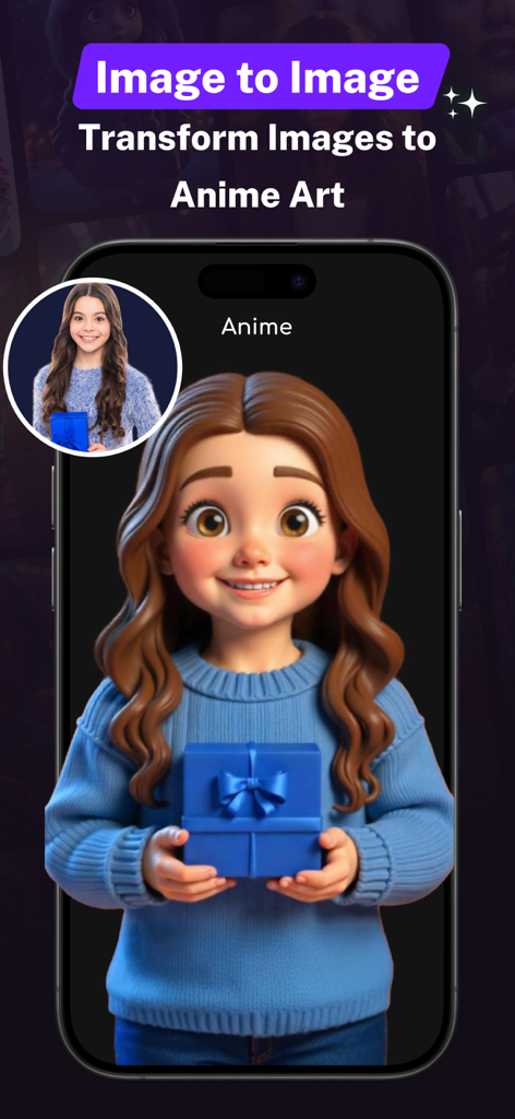 AI Art Generator - Nano Banana - AI Art Generator app interface showing a real photo converted to a cartoon anime style character