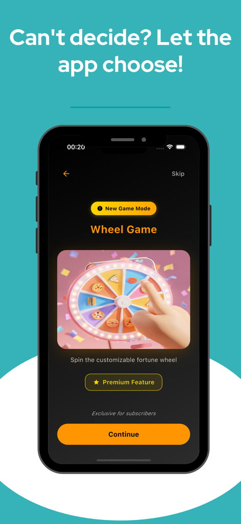 Who pays? - Finger Dice - Captura de tela mostrando o modo Roda do Jogo no aplicativo Who Pays, com uma roda da fortuna personalizável para tomada de decisões sociais