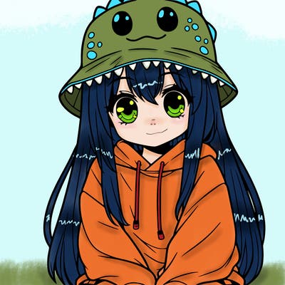 girl with anime shaped eyes with a dinosaur bucket hat oversized sweatshirt long straight hair