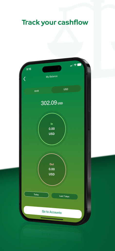 Amret - Interface de l'application mobile Amret pour suivre les flux de trésorerie et afficher le solde du compte en USD