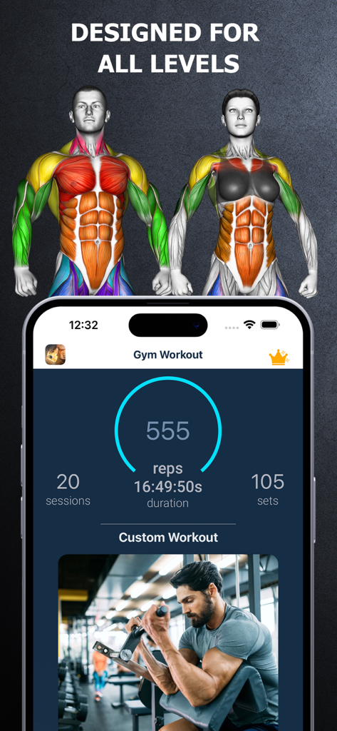 Gym Workout - Muscle Building - Gym Workout app dashboard showing 3D muscle maps and workout tracking statistics
