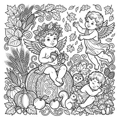 Discover the magic of autumn with this beautiful coloring page featuring playful putti and cherubs amidst a bountiful harvest. Engage your creativity with intricate details of fall foliage, plump pumpkins, and angelic figures celebrating the season.