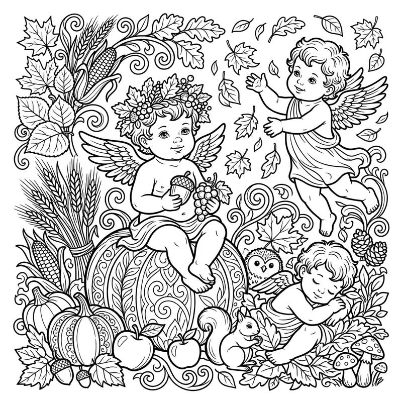 Discover the magic of autumn with this beautiful coloring page featuring playful putti and cherubs amidst a bountiful harvest. Engage your creativity with intricate details of fall foliage, plump pumpkins, and angelic figures celebrating the season.