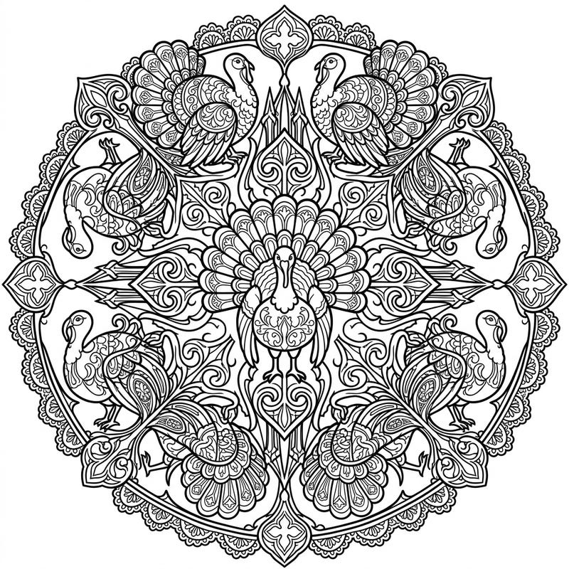 Dive into the mesmerizing world of our Gothic Turkey Mandala, an intricate coloring page that blends majestic turkeys with dark, ornate Victorian elegance. This unique design offers a captivating and relaxing artistic escape for colorists of all levels.