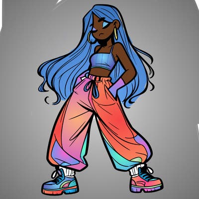 girl in baggy pants crop top and long hair