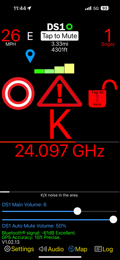 DS1 Companion - DS1 Companion app heads-up display showing a radar alert and frequency.