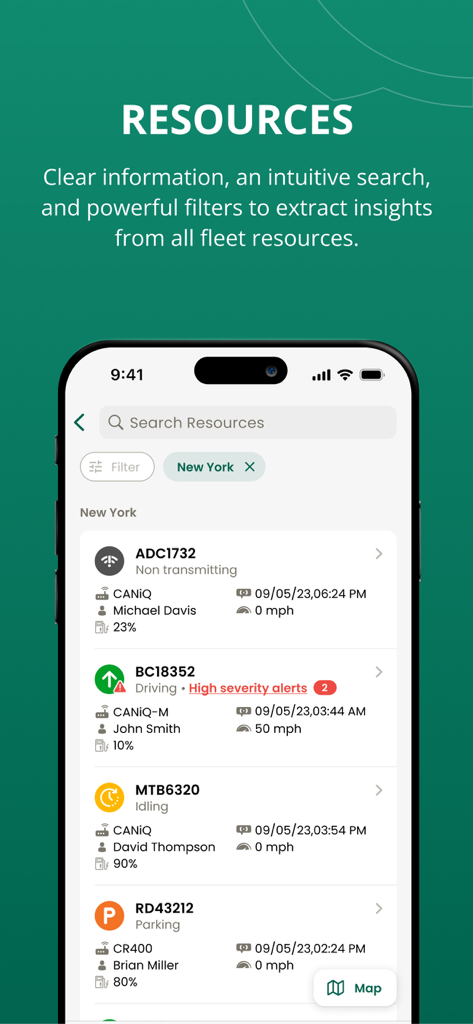 Powerfleet Manager - Smartphone screen displaying Powerfleet Manager fleet resources list with real-time vehicle status and location filtering