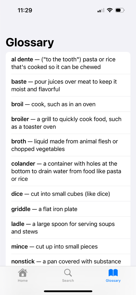 Yum‎ - Yum app glossary screen showing definitions for cooking terms like al dente and baste.
