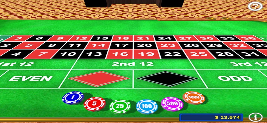 Magnin Casino Challenge - Digital roulette table layout with various betting chips in the Magnin Casino Challenge app