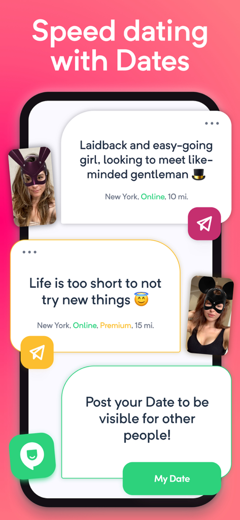 PeekUp: The Casual Dating App - Interfaz de la app de citas casuales PeekUp mostrando perfiles de citas rápidas con máscaras de RA.