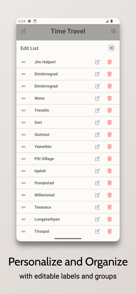 Una captura de pantalla de la interfaz de la aplicación Time Travel que muestra la pantalla de edición de lista donde los usuarios pueden personalizar y organizar sus relojes mundiales con etiquetas y grupos editables.