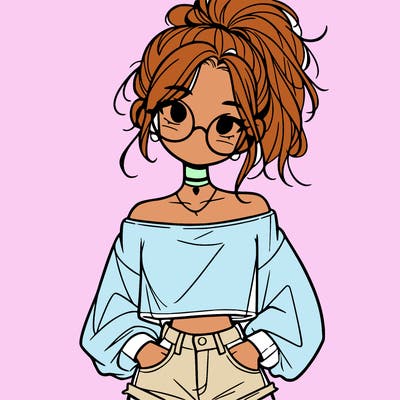 girl with a messy ponytail glasses a baggy crop top and jean shorts