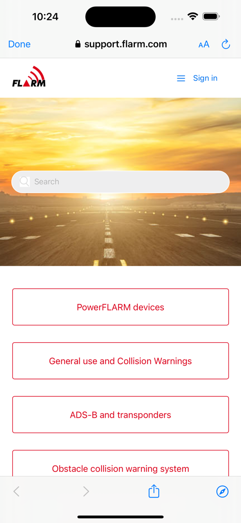 Página de suporte do FLARM Hub mostrando categorias de segurança de aviação e dispositivos
