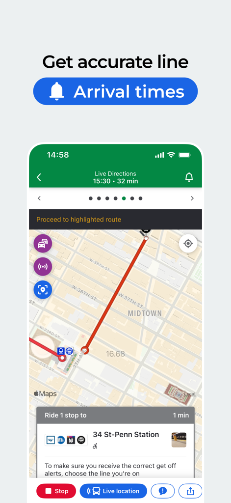 Moovit app displaying real-time arrival times and live navigation map for urban public transit