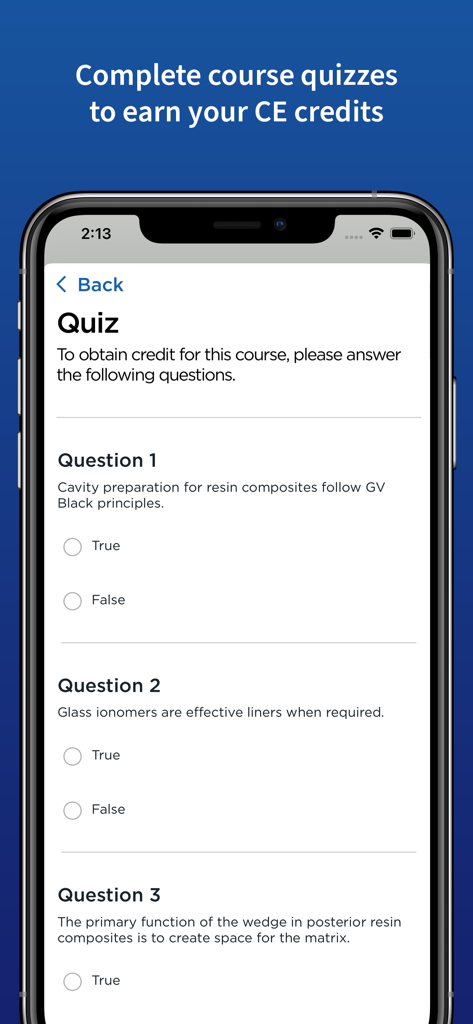 Spear Online app interface showing a dental continuing education course quiz for professional development